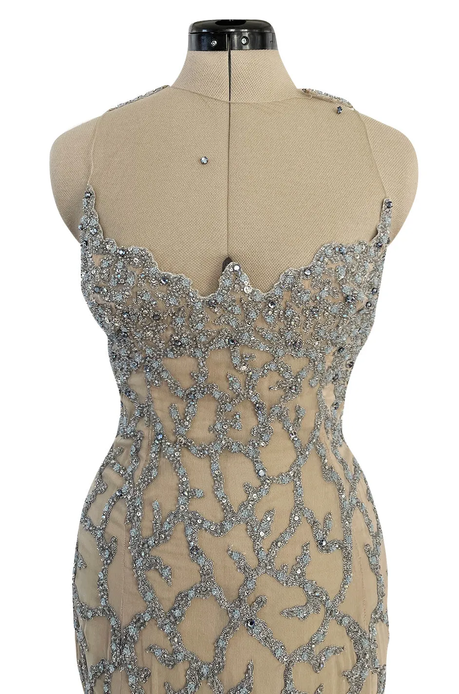 Exquisite 1985 John Anthony Nude Silk Chiffon & Net Dress w Silver Chain Rhinestones and Beads