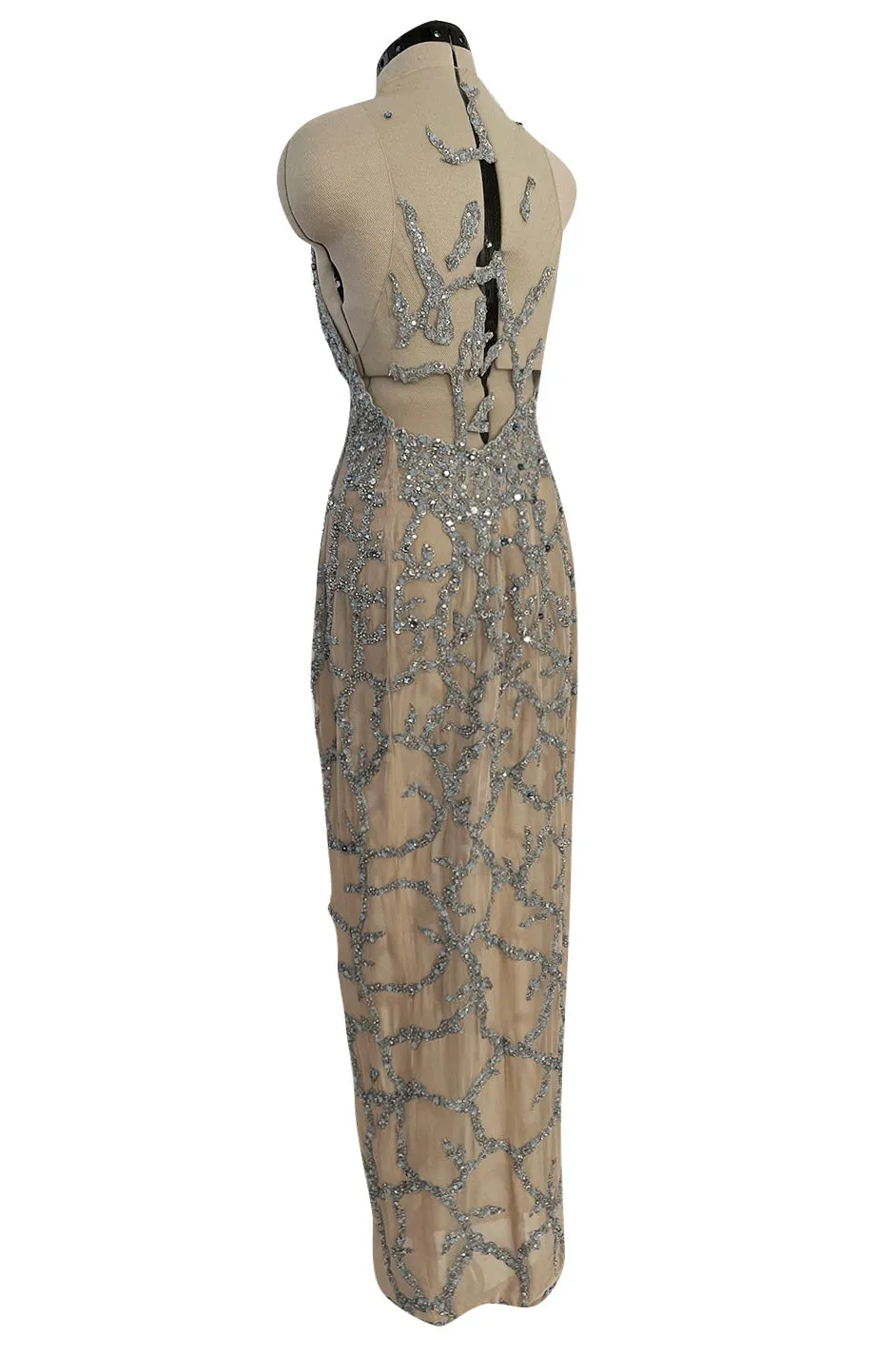 Exquisite 1985 John Anthony Nude Silk Chiffon & Net Dress w Silver Chain Rhinestones and Beads