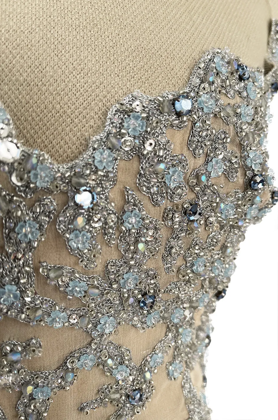Exquisite 1985 John Anthony Nude Silk Chiffon & Net Dress w Silver Chain Rhinestones and Beads