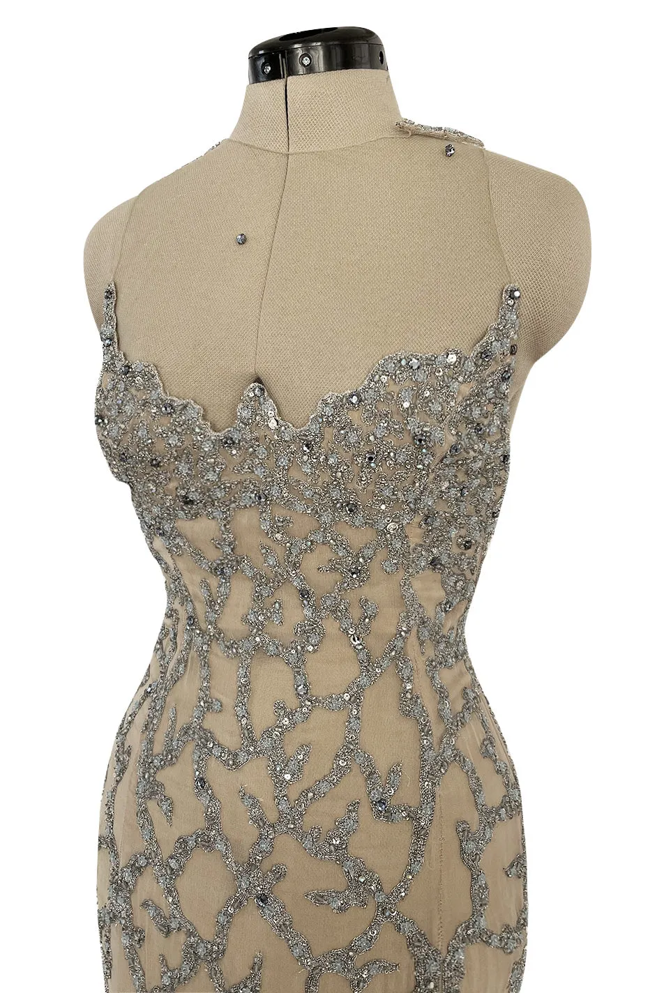 Exquisite 1985 John Anthony Nude Silk Chiffon & Net Dress w Silver Chain Rhinestones and Beads