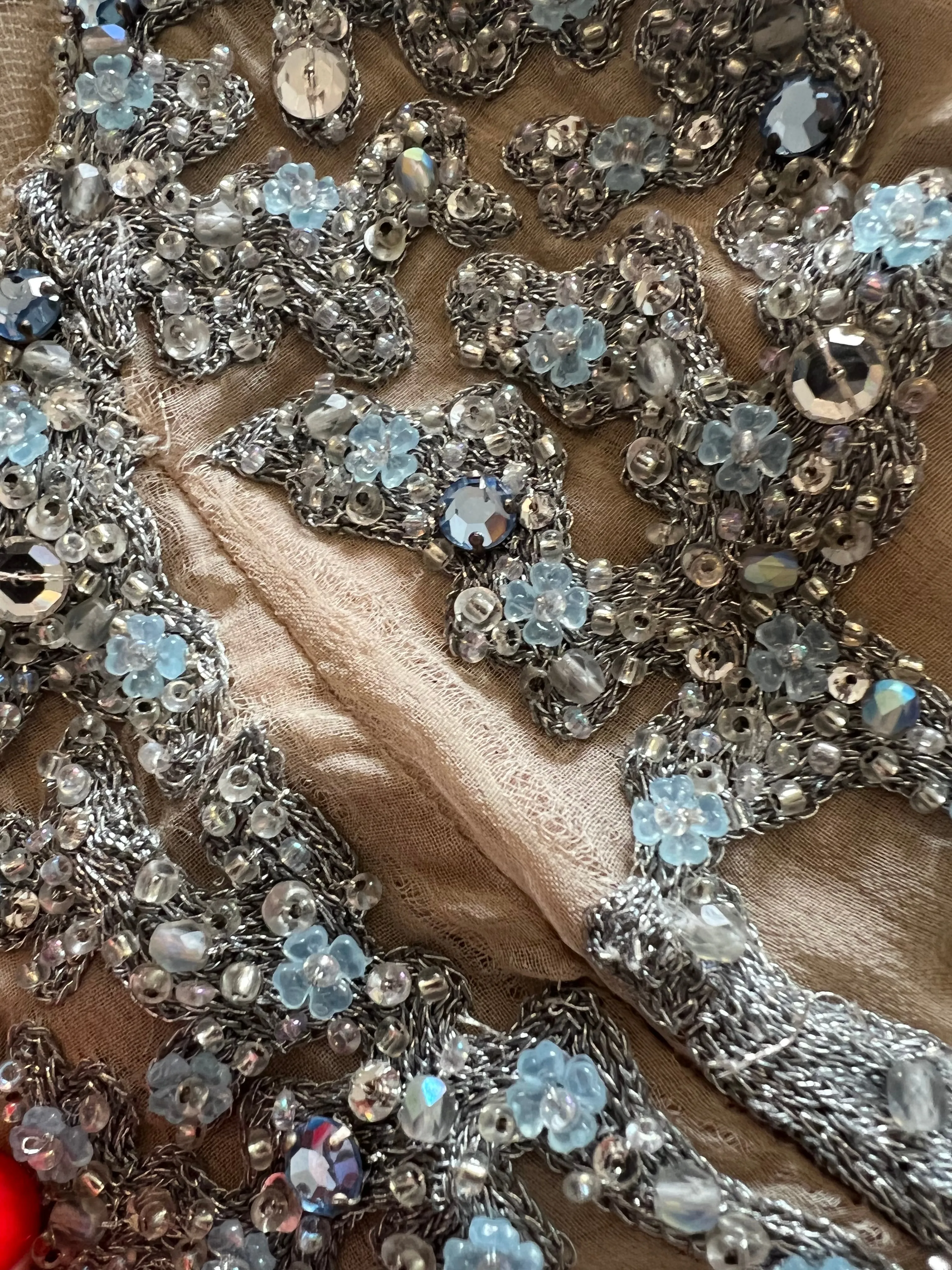 Exquisite 1985 John Anthony Nude Silk Chiffon & Net Dress w Silver Chain Rhinestones and Beads