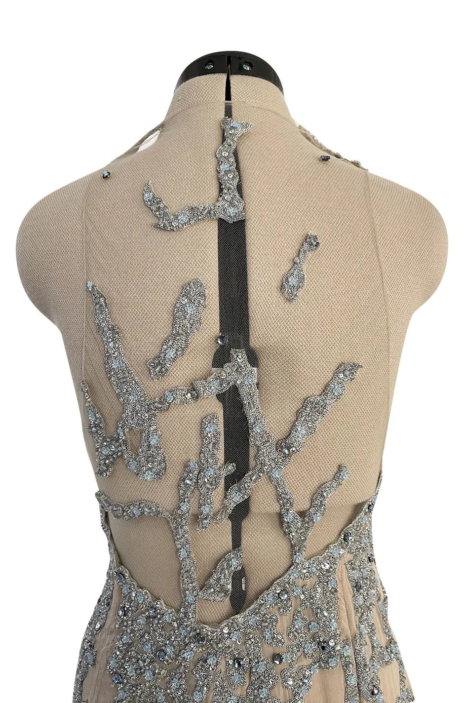 Exquisite 1985 John Anthony Nude Silk Chiffon & Net Dress w Silver Chain Rhinestones and Beads