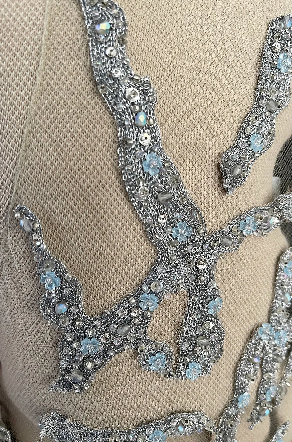 Exquisite 1985 John Anthony Nude Silk Chiffon & Net Dress w Silver Chain Rhinestones and Beads