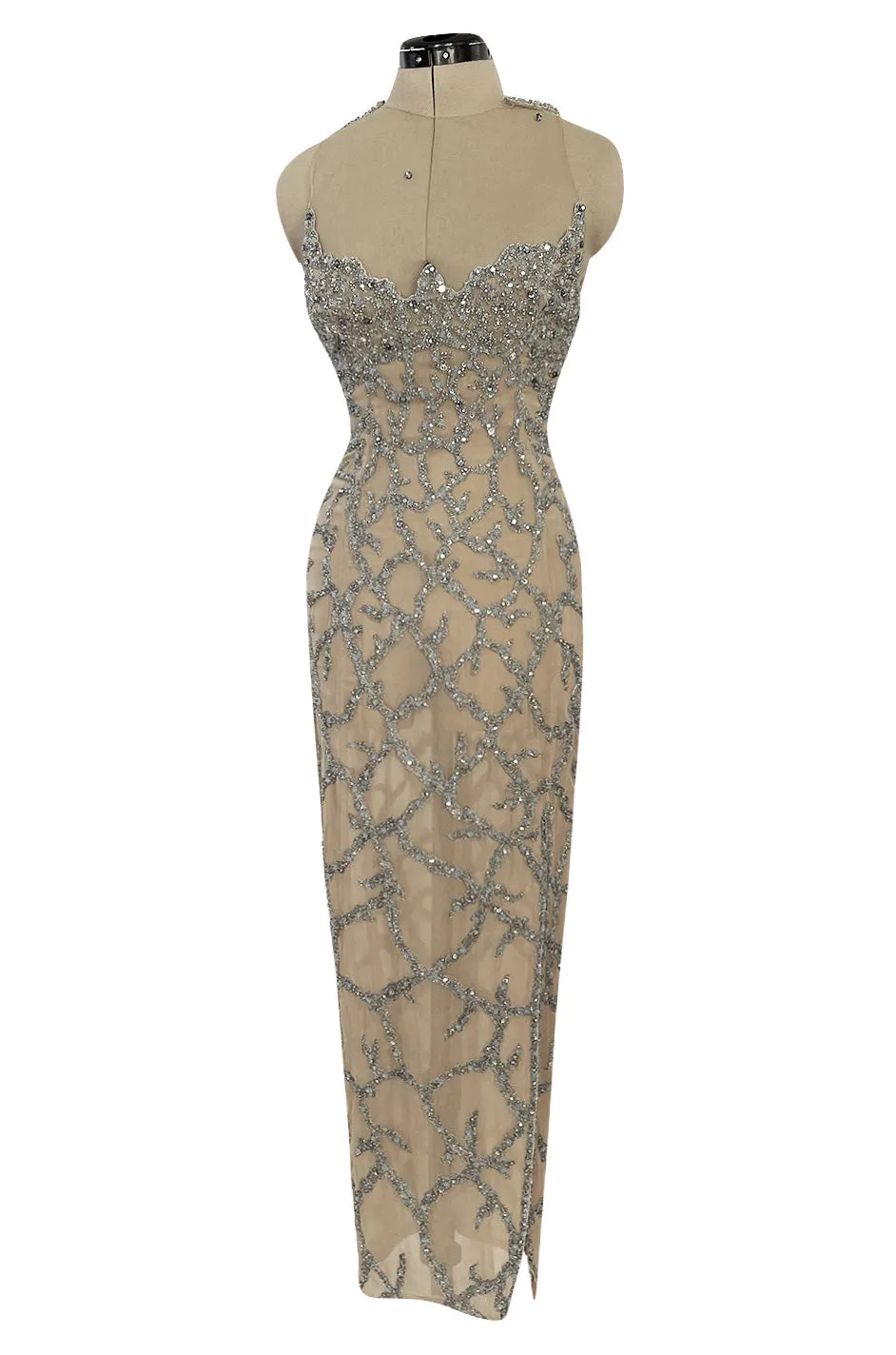 Exquisite 1985 John Anthony Nude Silk Chiffon & Net Dress w Silver Chain Rhinestones and Beads