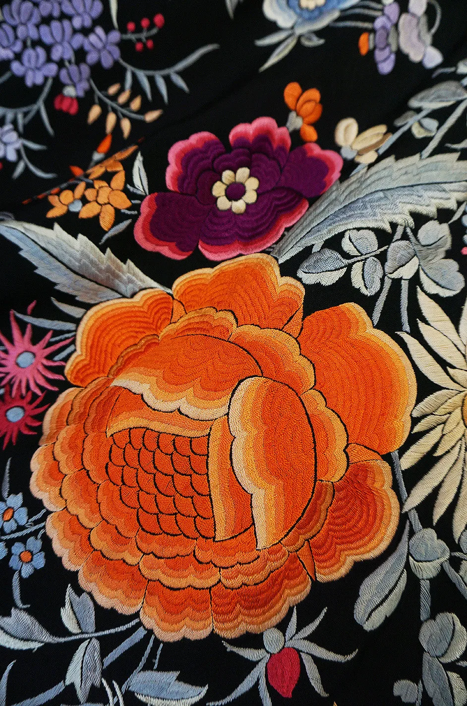 Extraordinary 1920s Embroidered Silk Fringe Piano Shawl