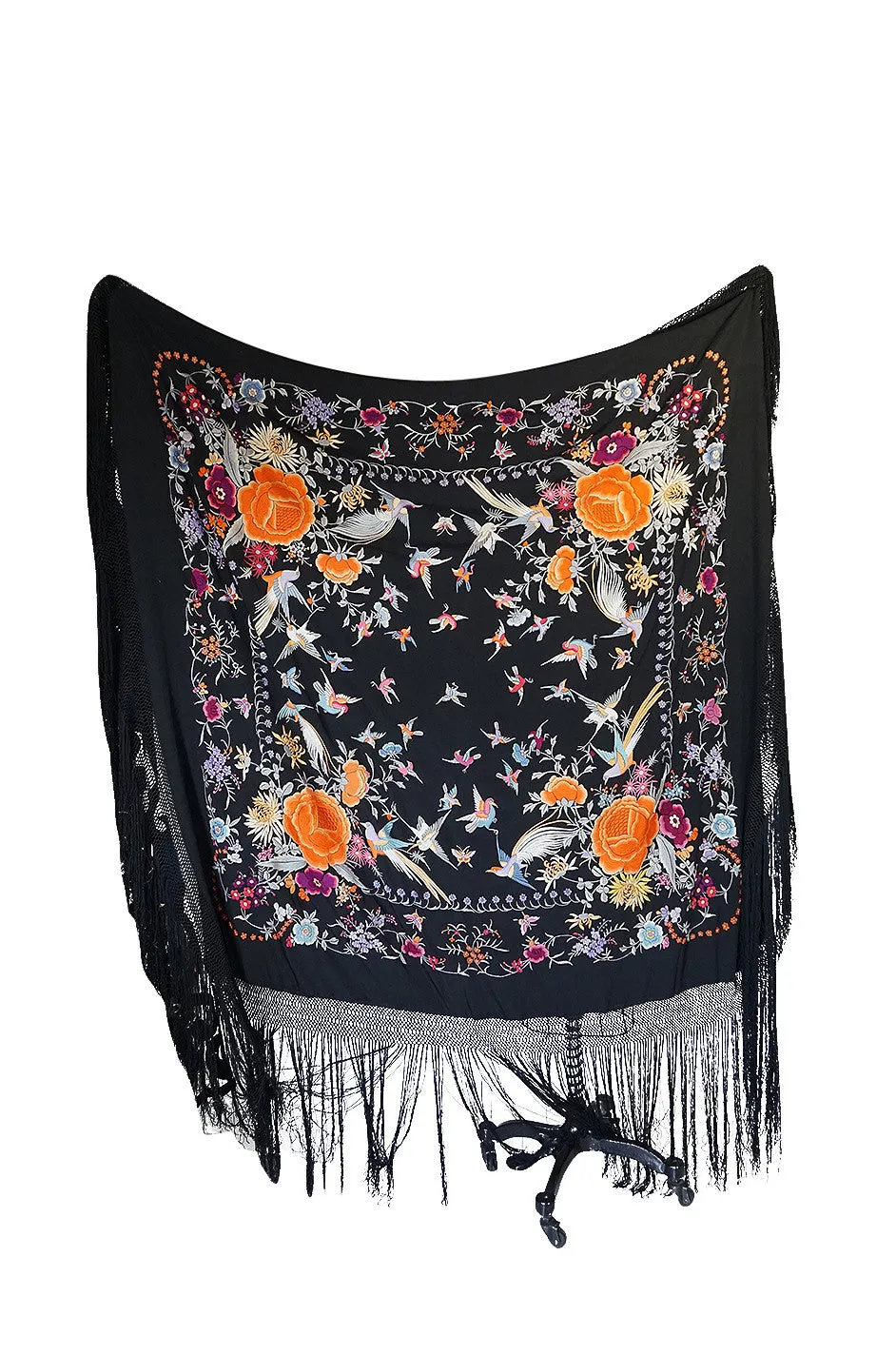 Extraordinary 1920s Embroidered Silk Fringe Piano Shawl