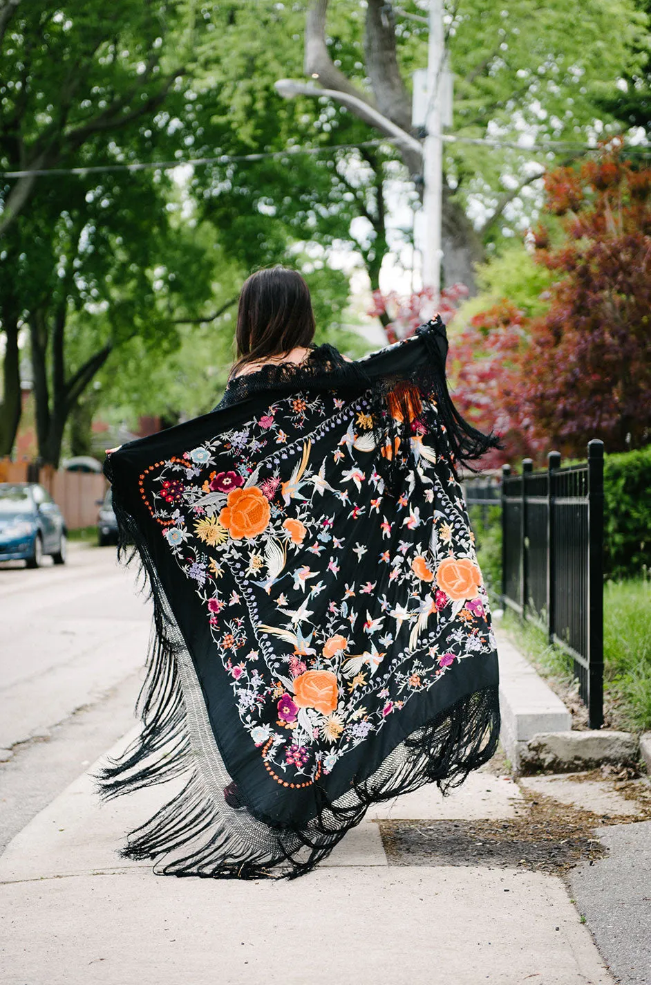 Extraordinary 1920s Embroidered Silk Fringe Piano Shawl