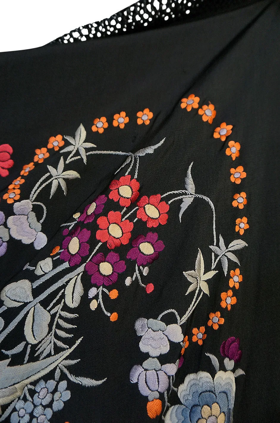 Extraordinary 1920s Embroidered Silk Fringe Piano Shawl
