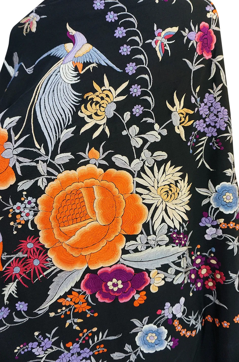Extraordinary 1920s Embroidered Silk Fringe Piano Shawl