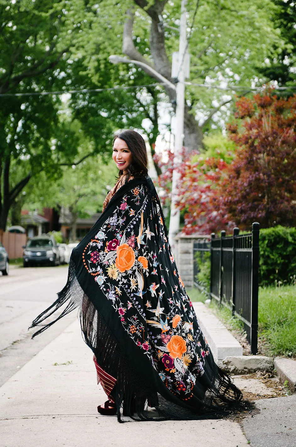 Extraordinary 1920s Embroidered Silk Fringe Piano Shawl