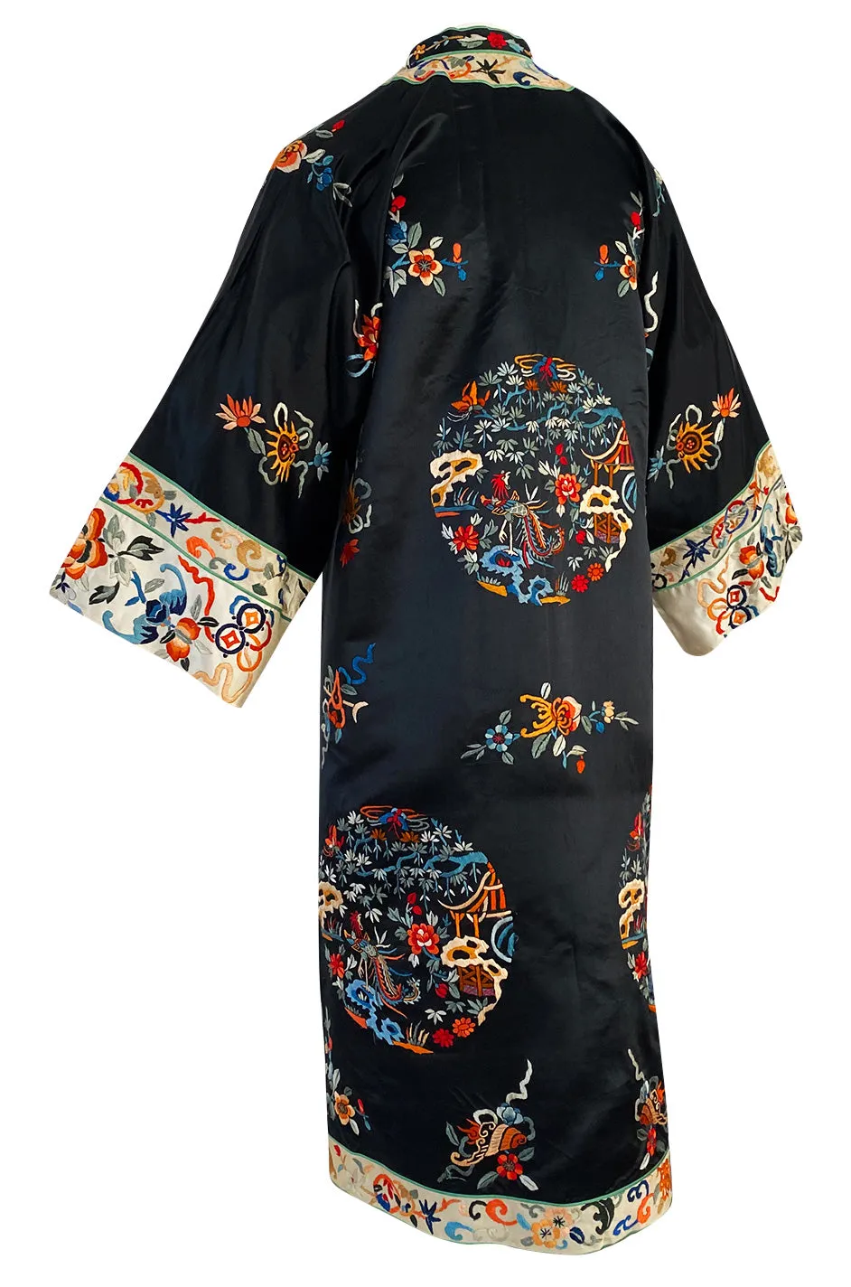 Fabulous 1920s Extensively Hand Embroidered Black Silk Asian Evening Coat