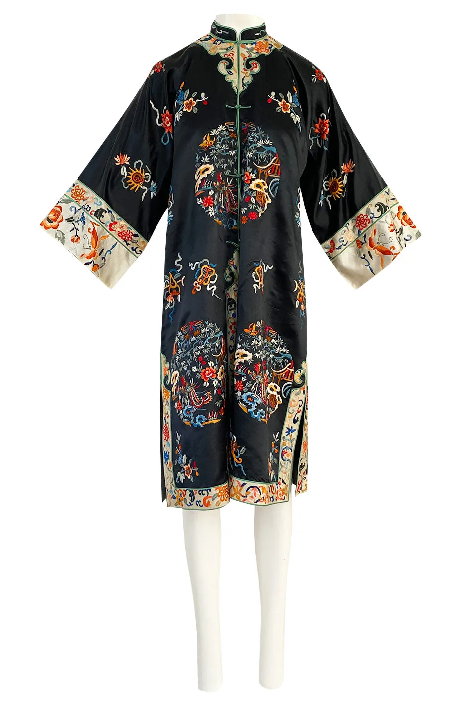 Fabulous 1920s Extensively Hand Embroidered Black Silk Asian Evening Coat