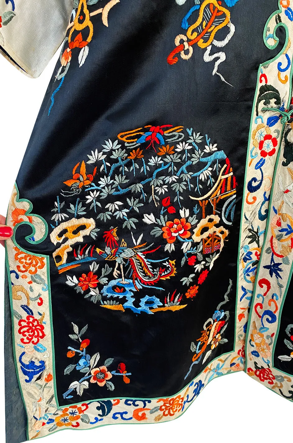 Fabulous 1920s Extensively Hand Embroidered Black Silk Asian Evening Coat