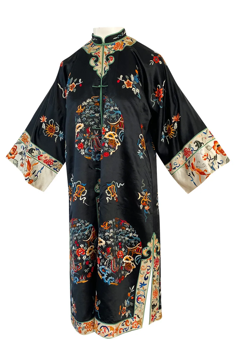 Fabulous 1920s Extensively Hand Embroidered Black Silk Asian Evening Coat