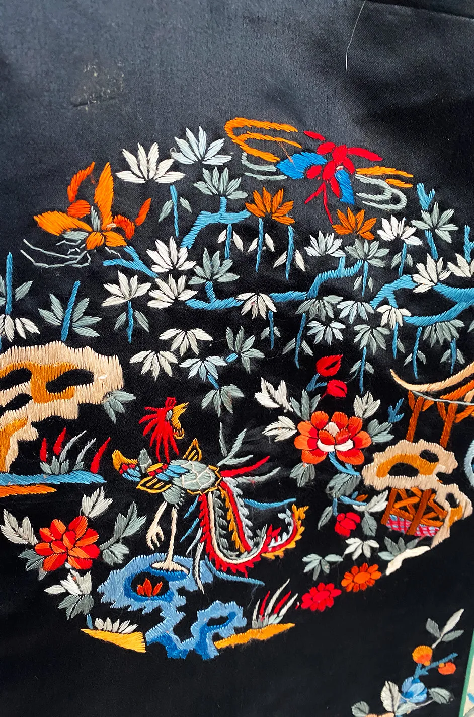 Fabulous 1920s Extensively Hand Embroidered Black Silk Asian Evening Coat