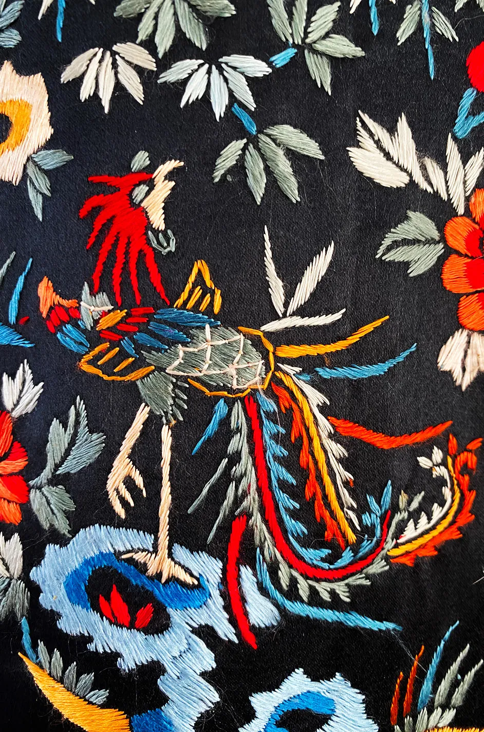 Fabulous 1920s Extensively Hand Embroidered Black Silk Asian Evening Coat