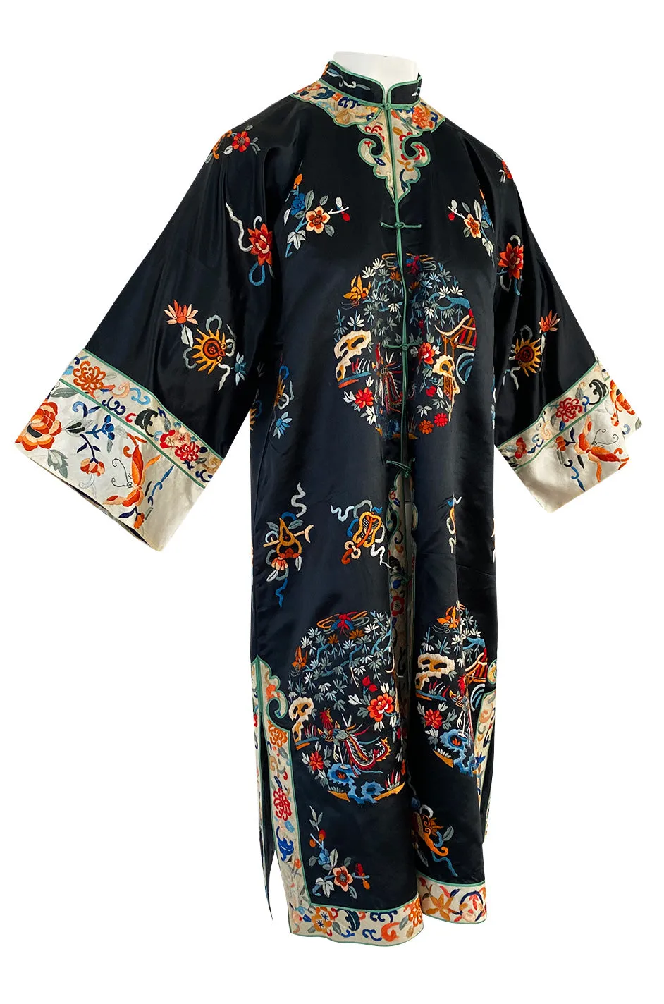 Fabulous 1920s Extensively Hand Embroidered Black Silk Asian Evening Coat