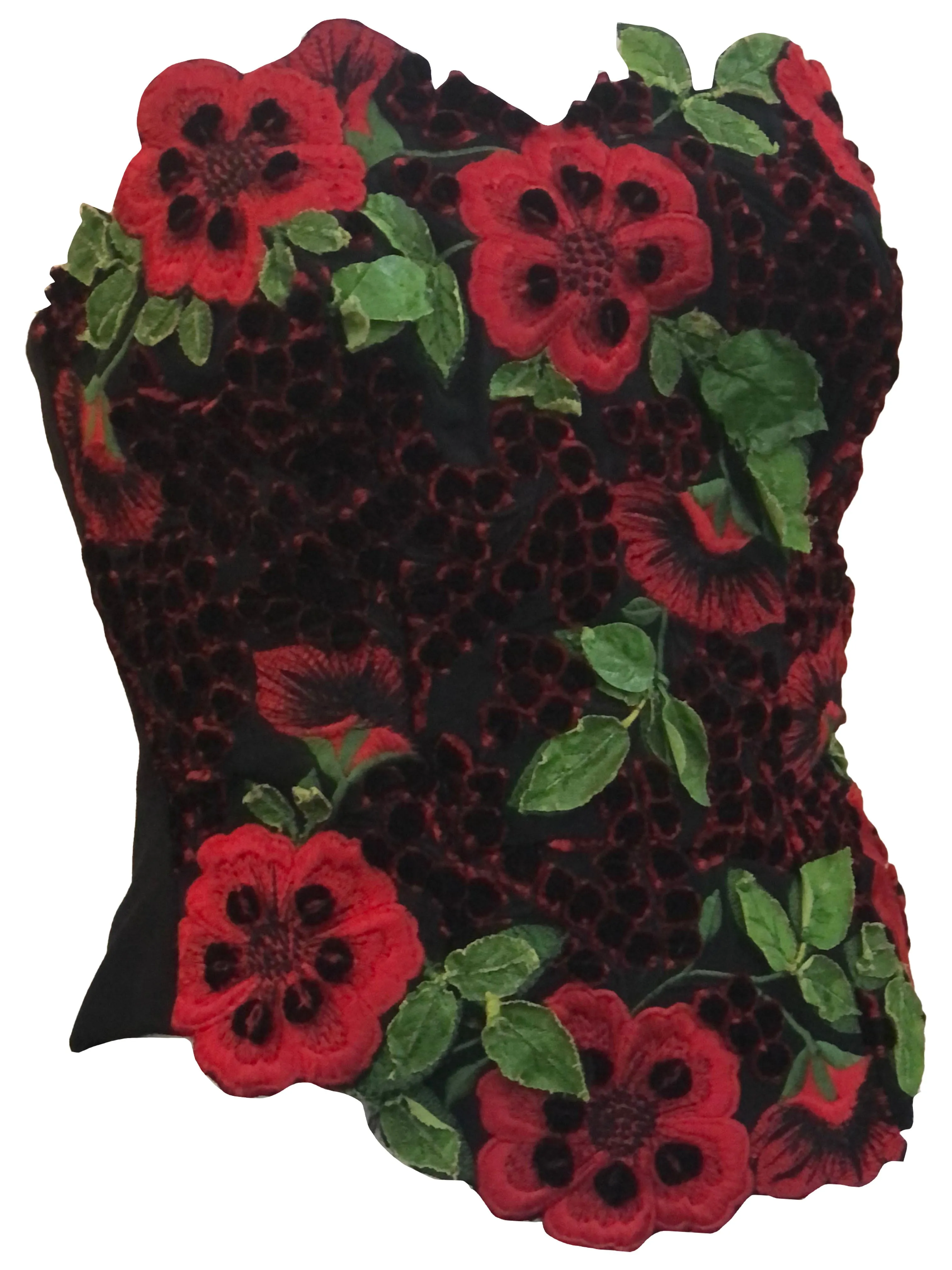 Fe Zandi Attribution 3D Black and Red Floral Applique Bustier