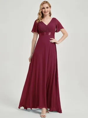 [Final Sale] Short Sleeve A-Line Burgundy Wine Ruffle Pleated Bridesmaid Dresses