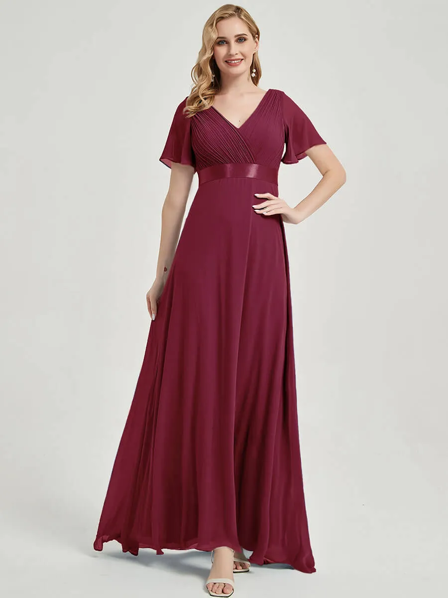 [Final Sale] Short Sleeve A-Line Burgundy Wine Ruffle Pleated Bridesmaid Dresses