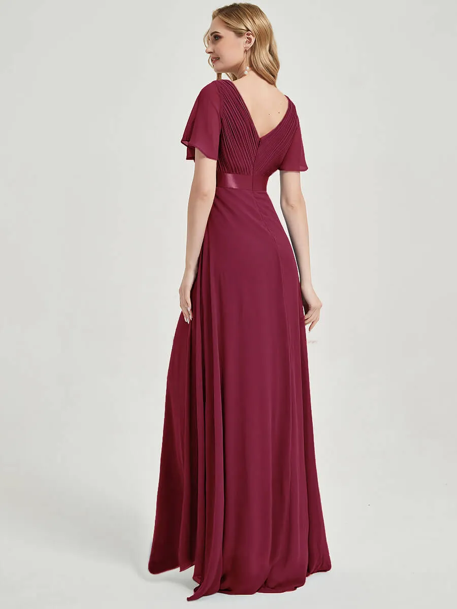 [Final Sale] Short Sleeve A-Line Burgundy Wine Ruffle Pleated Bridesmaid Dresses