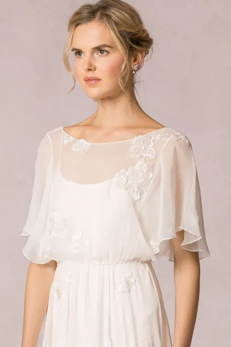 Floor-Length Poet-Sleeve Appliqued Chiffon Wedding Dress-MK_705165