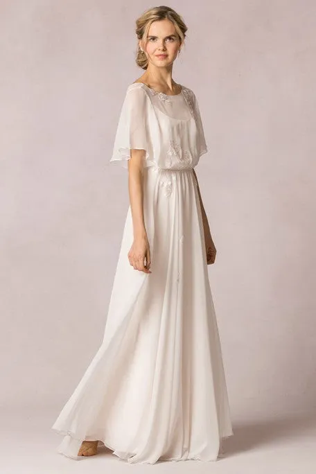 Floor-Length Poet-Sleeve Appliqued Chiffon Wedding Dress-MK_705165