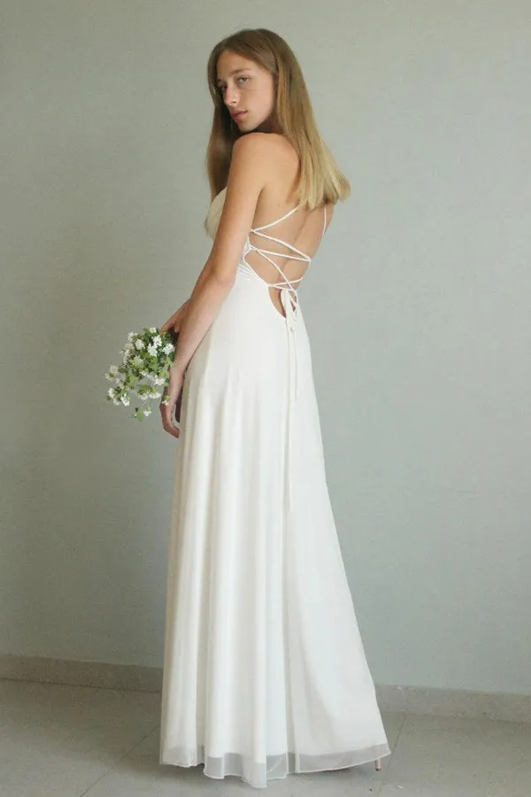 Floor-Length Spaghetti Chiffon Tiers Wedding Dress-715101