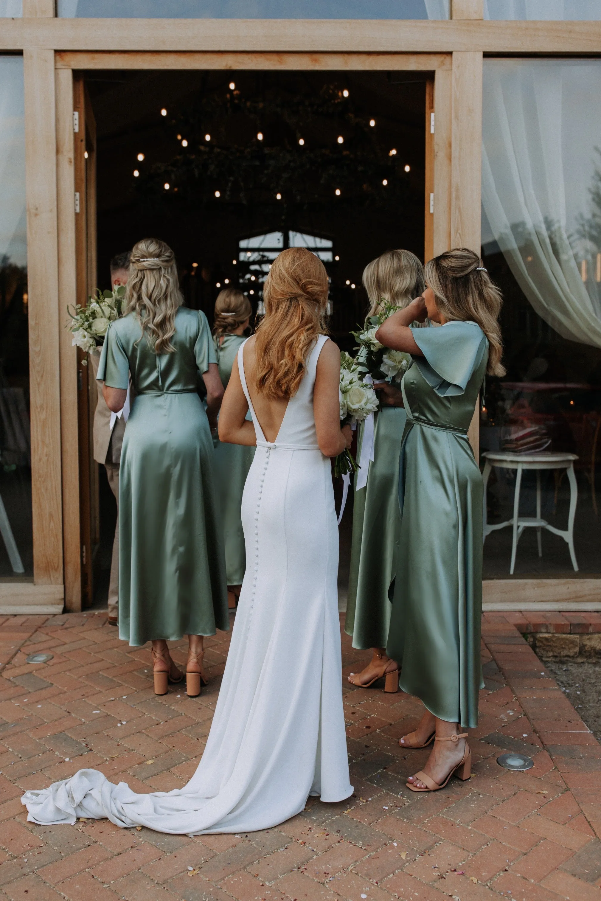 Florence Waterfall Dress in Sage Green Satin