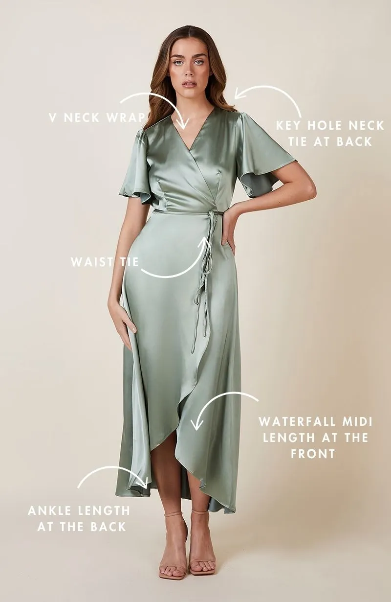 Florence Waterfall Dress in Sage Green Satin