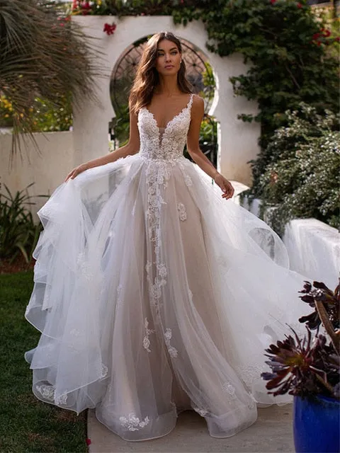 Flowers Spaghetti Strap Bride Dress