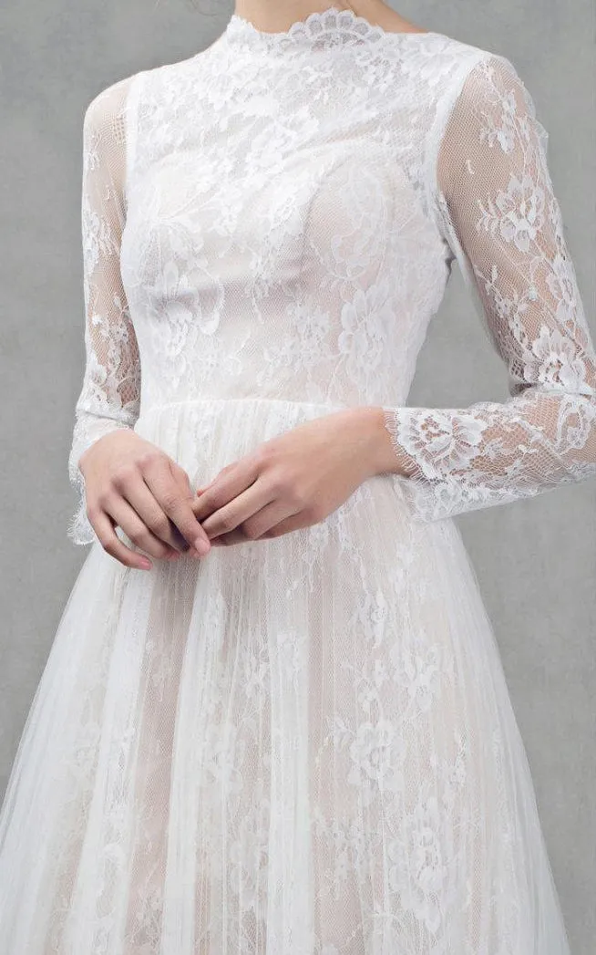 French Lace Short Tulle Wedding With Sleeves Dress-711892