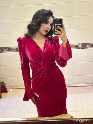 Gegorous Velvet Fuchsia Full-Sleeve Pleat Long Mermaid Evening Dresses PDS1073