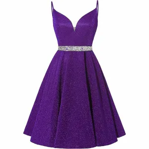 Girls Spaghetti Short Satin Prom Dress V-Neck Beaded Homecoming Evening Party Gowns