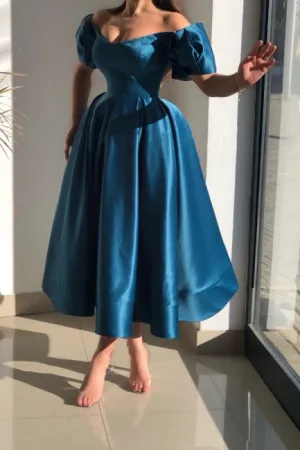 Glorious Blue Off-the-shoulder A-Line Ankle-Length Satin Evening Dresses