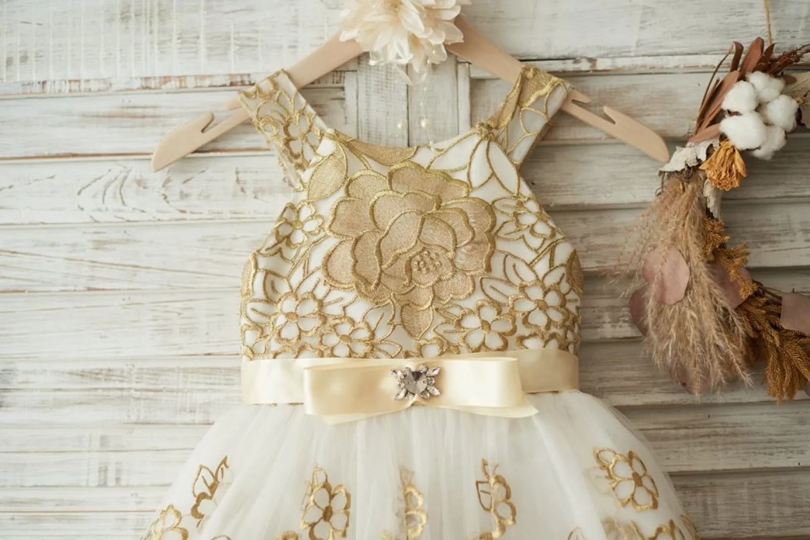Gold Lace Ivory Tulle Straps Wedding Flower Girl Dress