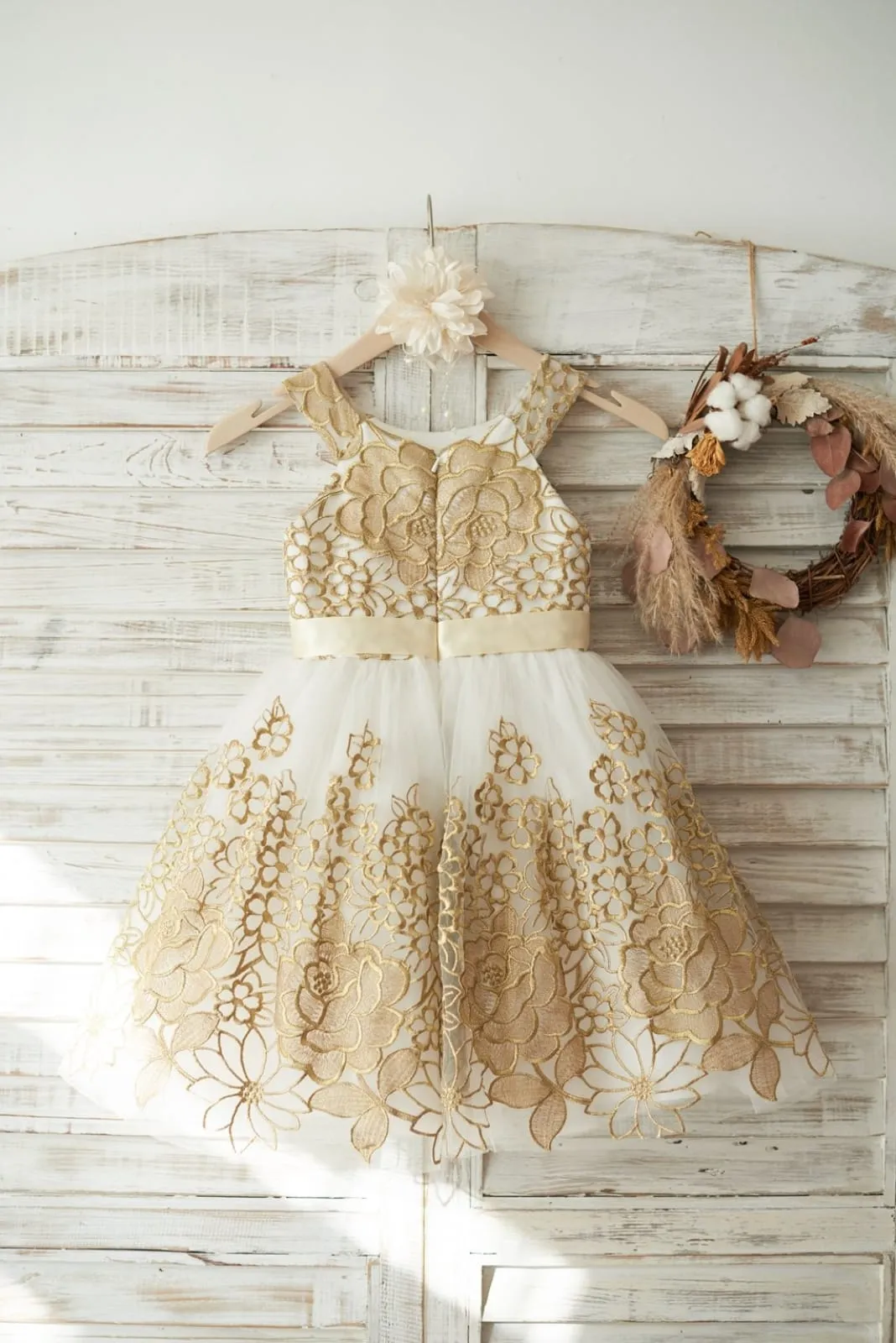 Gold Lace Ivory Tulle Straps Wedding Flower Girl Dress