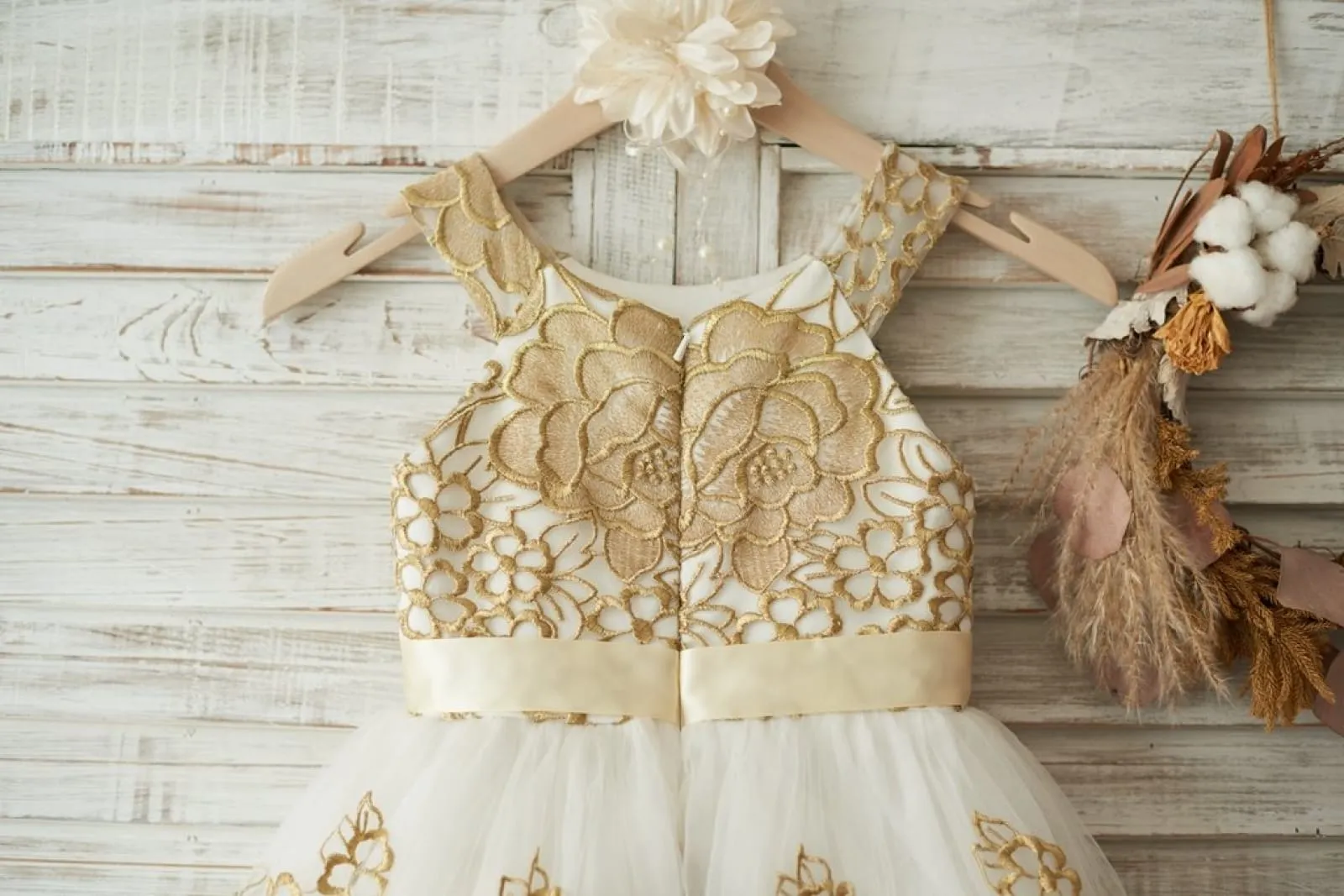 Gold Lace Ivory Tulle Straps Wedding Flower Girl Dress
