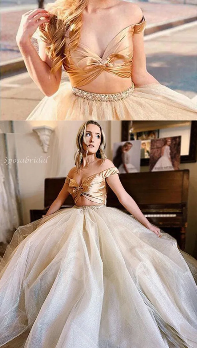 Gold Off-shoulder Sexy V-neck Hollow A-line Long Prom Dress, PD3370