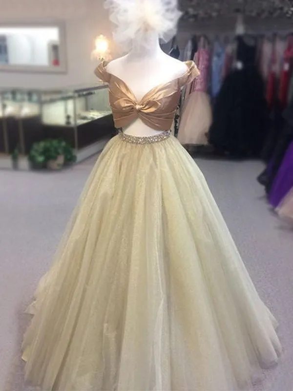 Gold Off-shoulder Sexy V-neck Hollow A-line Long Prom Dress, PD3370