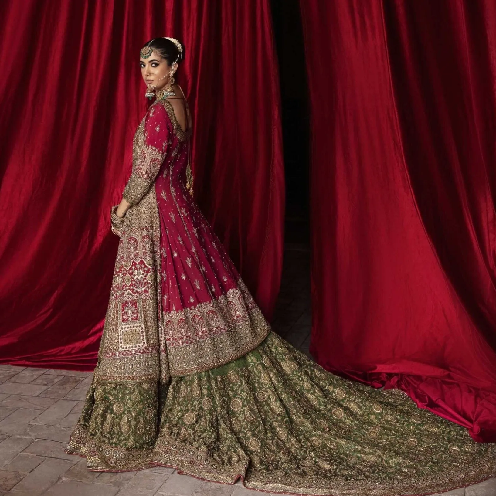 Golden Maroon Lehenga Bridal Pakistani Wedding Dresses