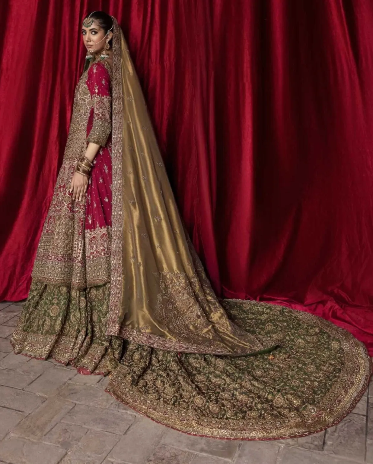 Golden Maroon Lehenga Bridal Pakistani Wedding Dresses