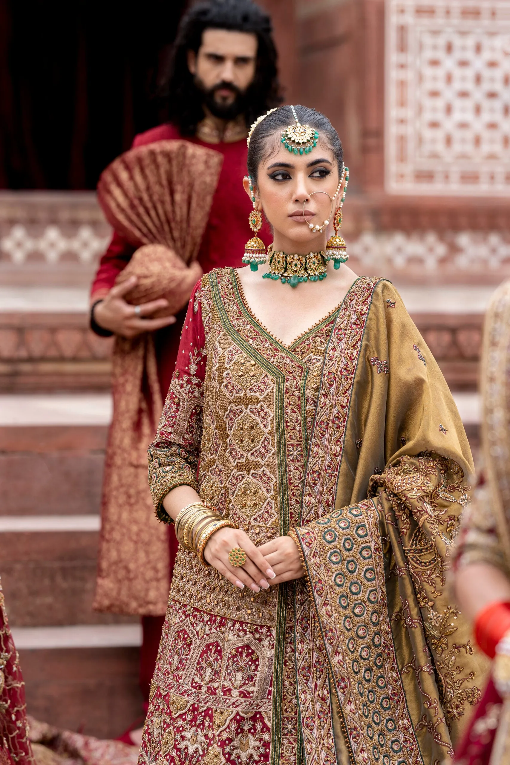 Golden Maroon Lehenga Bridal Pakistani Wedding Dresses