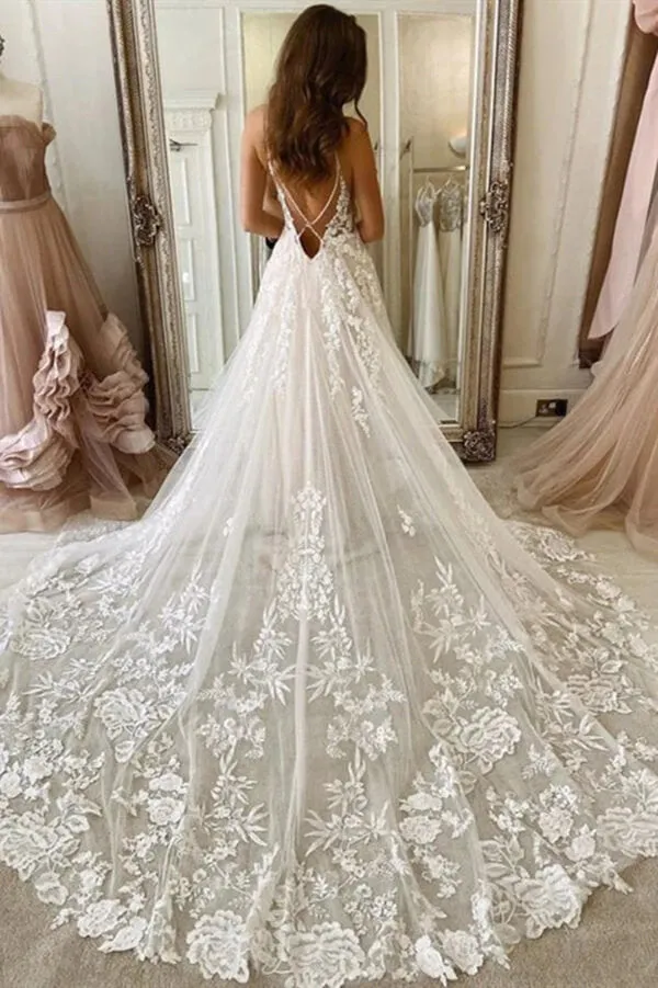 Gorgeous Ivory Tulle A-line Spaghetti Straps Lace Wedding Dresses, MW806