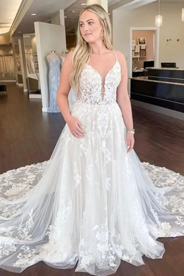 Gorgeous Ivory Tulle A-line Spaghetti Straps Lace Wedding Dresses, MW806