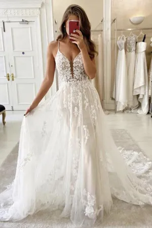 Gorgeous Ivory Tulle A-line Spaghetti Straps Lace Wedding Dresses, MW806