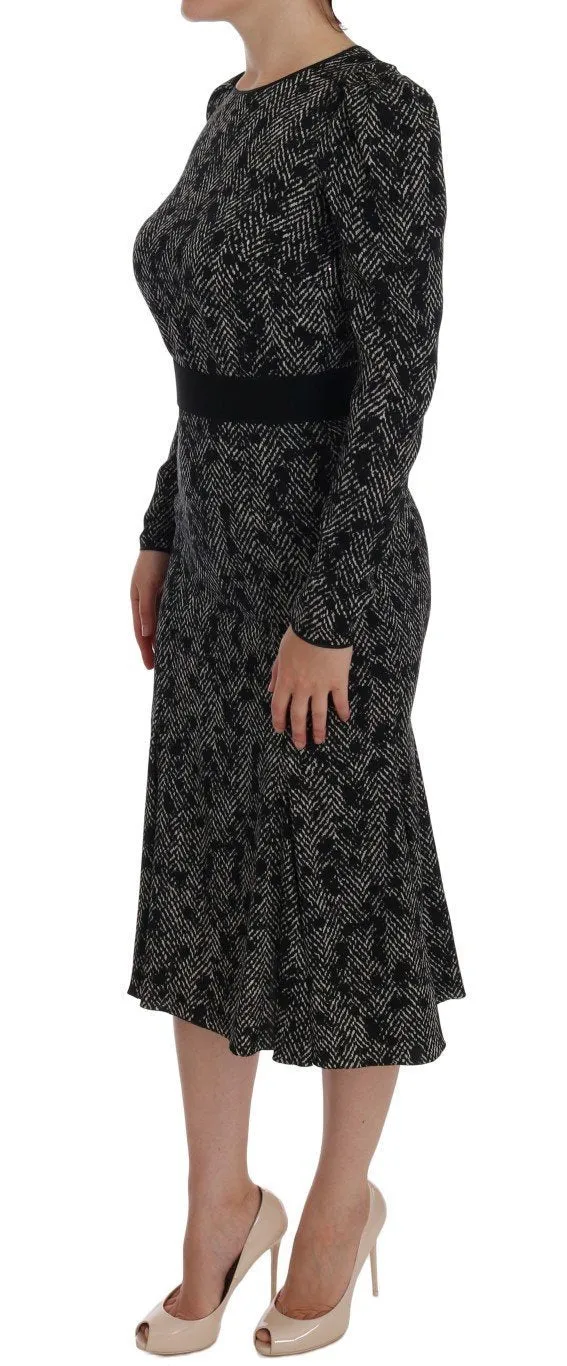 Gray Silk Stretch Sheath Long Sleeve Dress