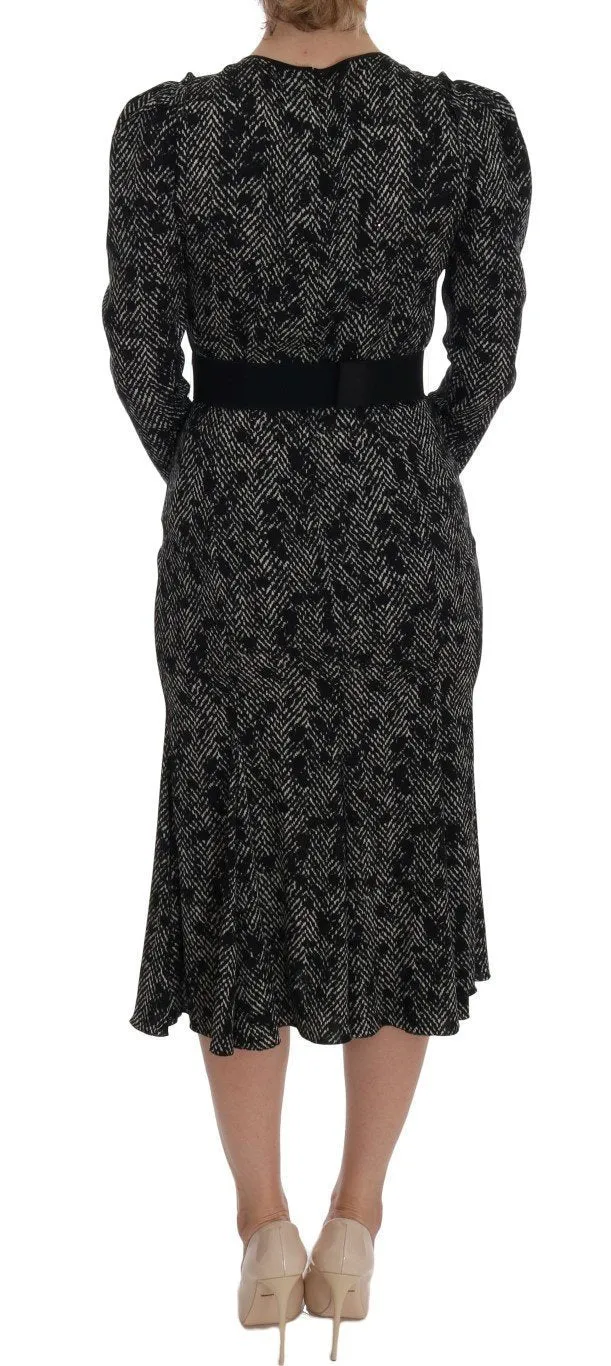 Gray Silk Stretch Sheath Long Sleeve Dress