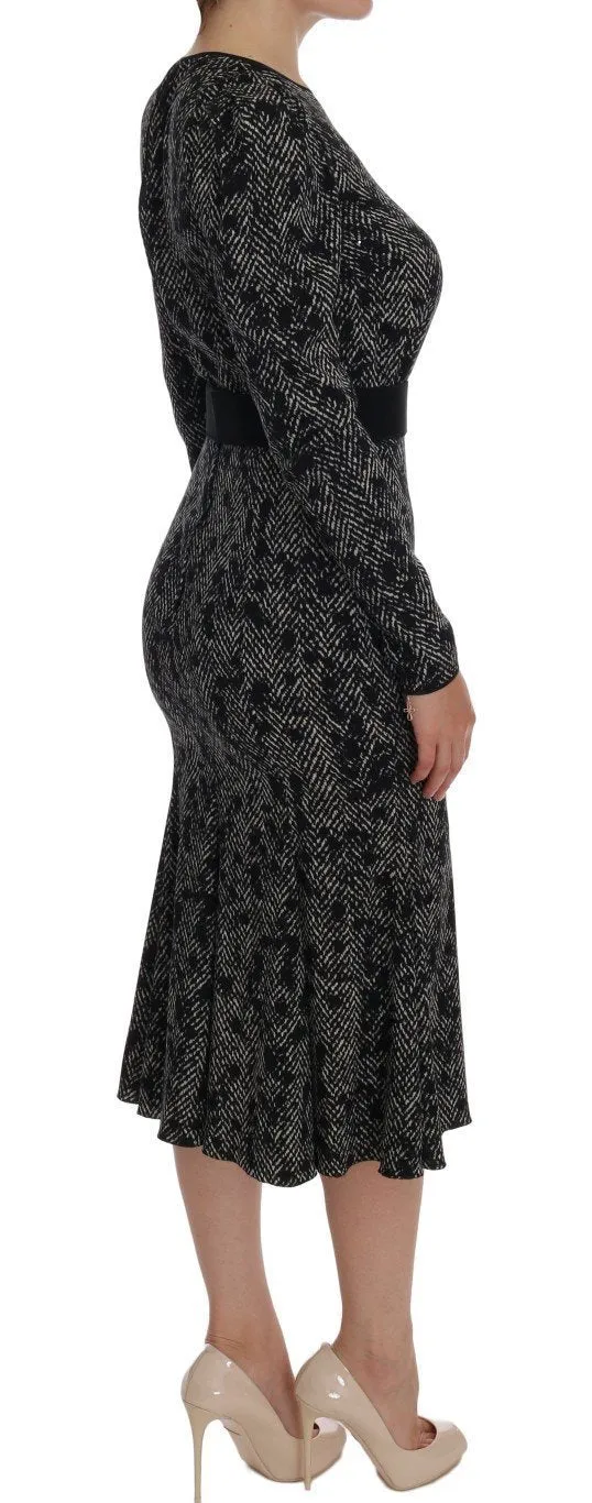 Gray Silk Stretch Sheath Long Sleeve Dress