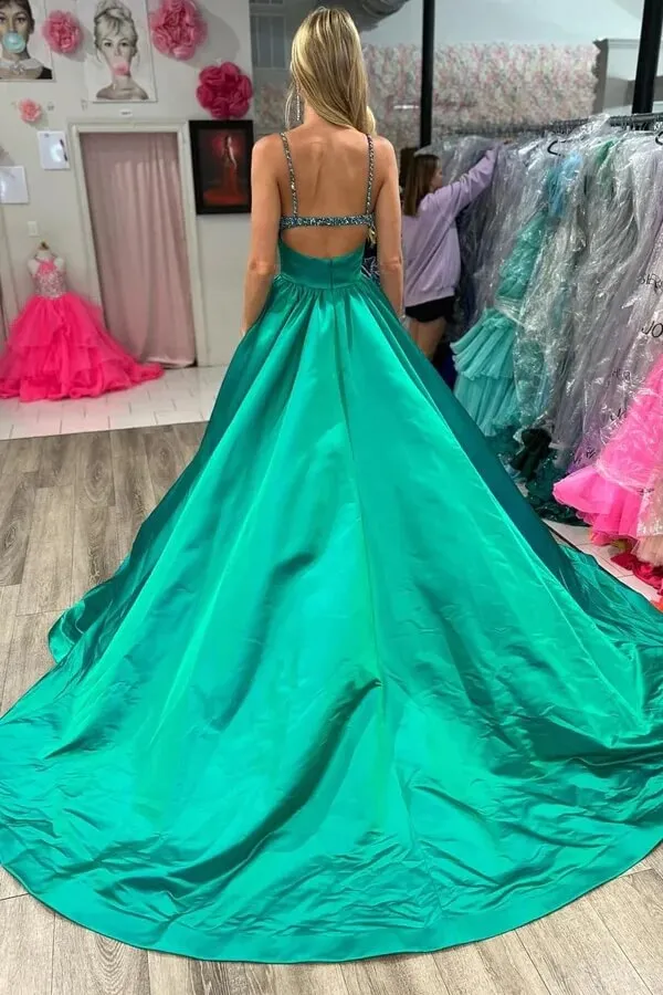 Green Satin A-line V-neck Beaded Spaghetti Straps Prom Dress With Slit, MP958